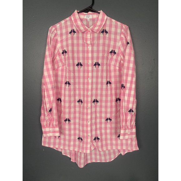 Crown Ivy Tops - Crown & Ivy Pink Gingham Flamingo Embroidered